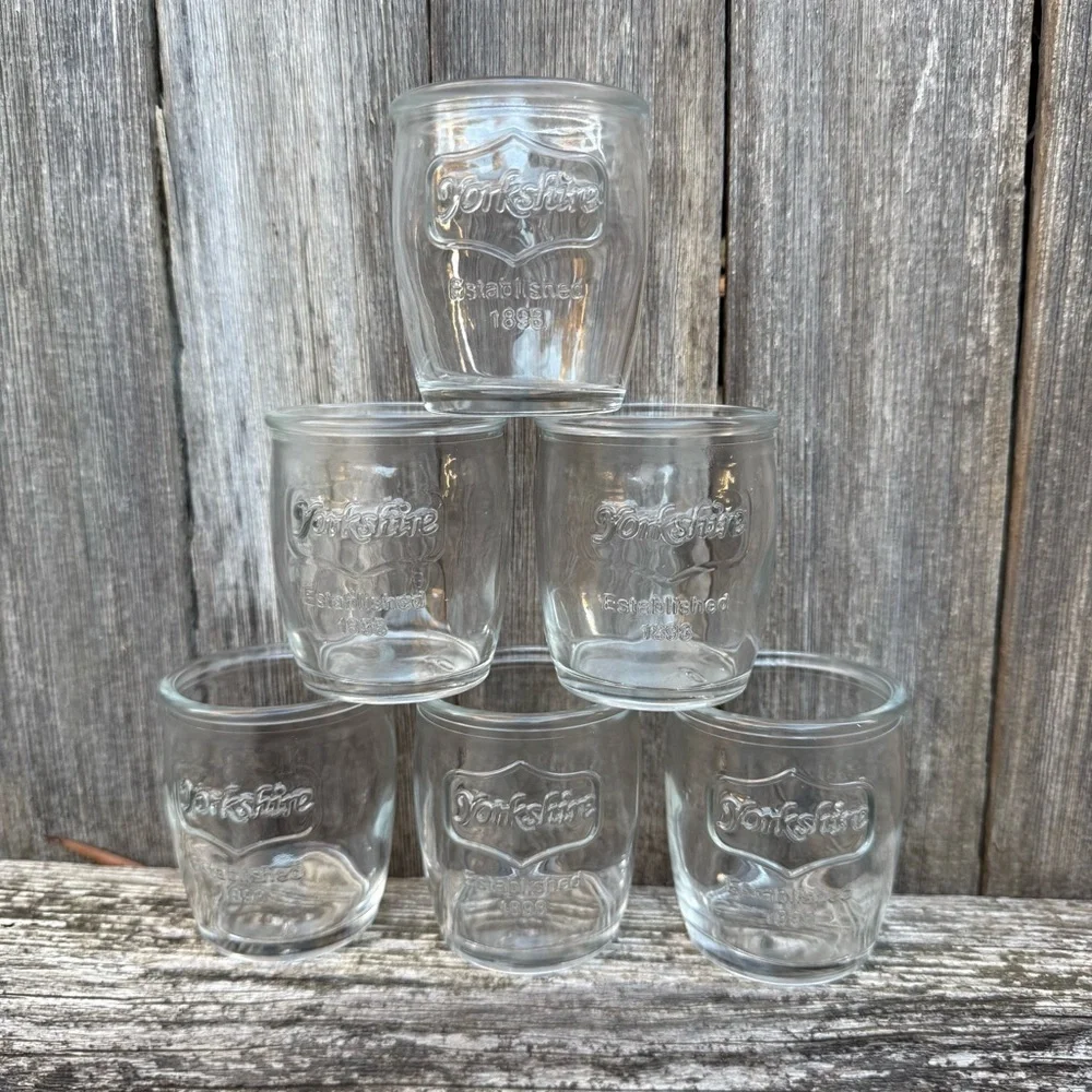 Six Vintage Yorkshire est 1898 Mini Mason Jelly Jar 2oz Embossed Shot Glasses